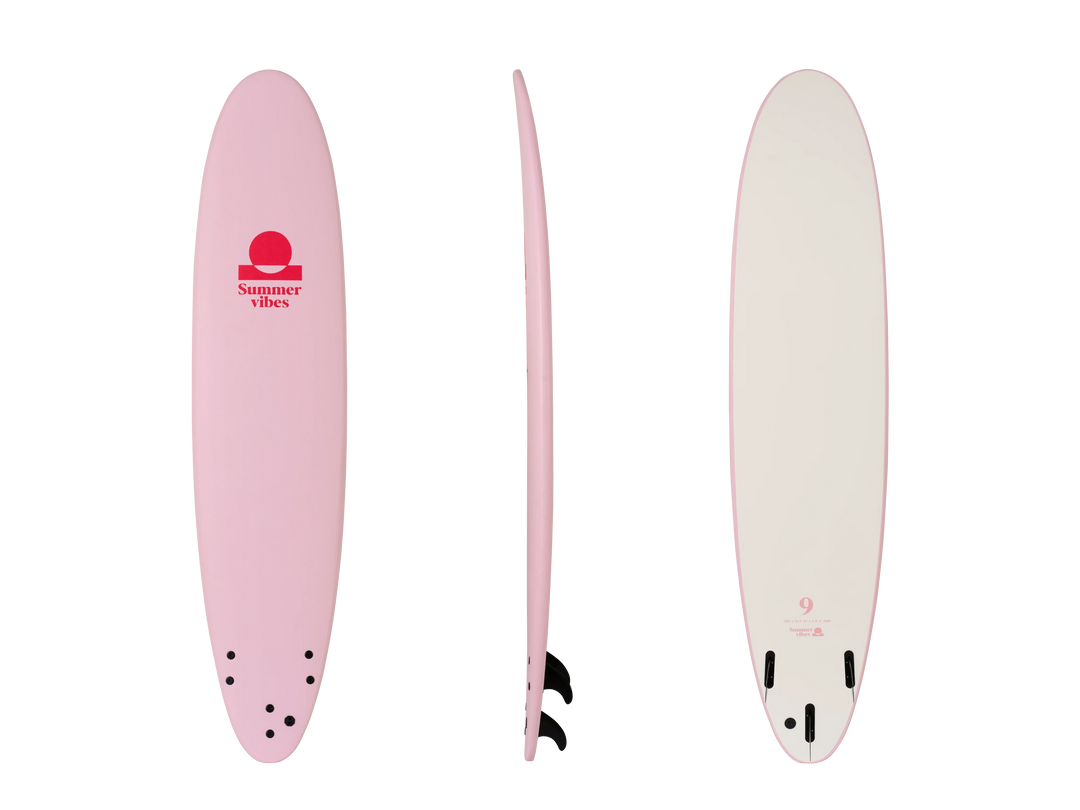 Pink and white surfboard with a visible brand logo on a white background