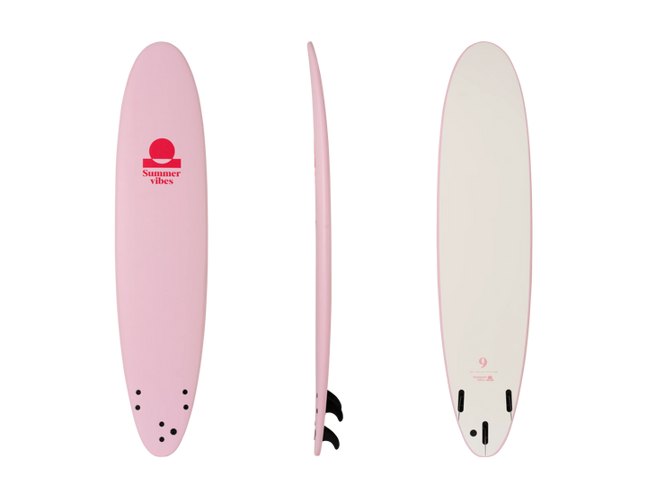 Pink and white surfboard with a visible brand logo on a white background
