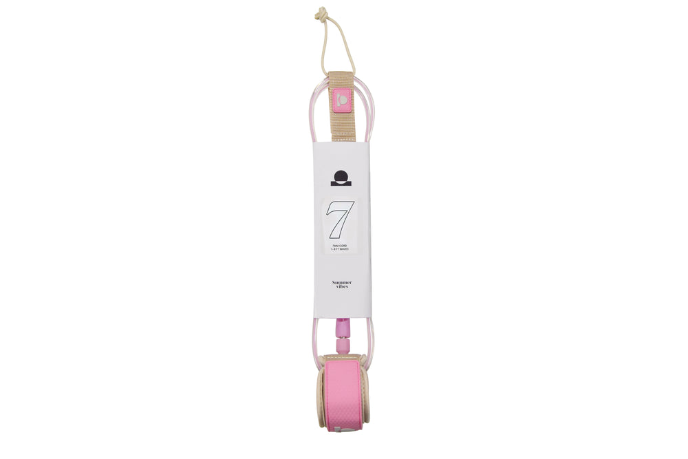 Pink surfboard leash with a white label displaying the number 7 on a white background